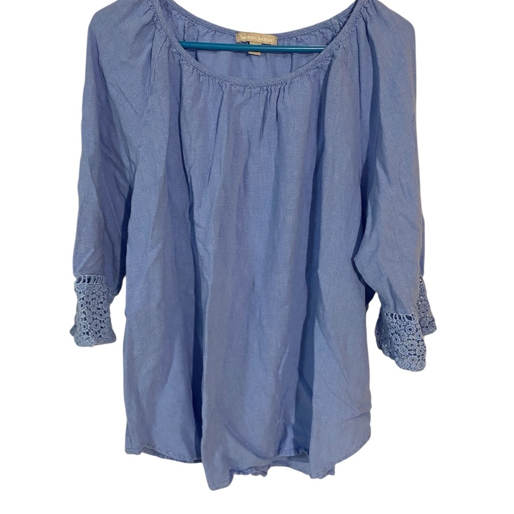 Woman Within Light Blue Blouse with Crochet Accents